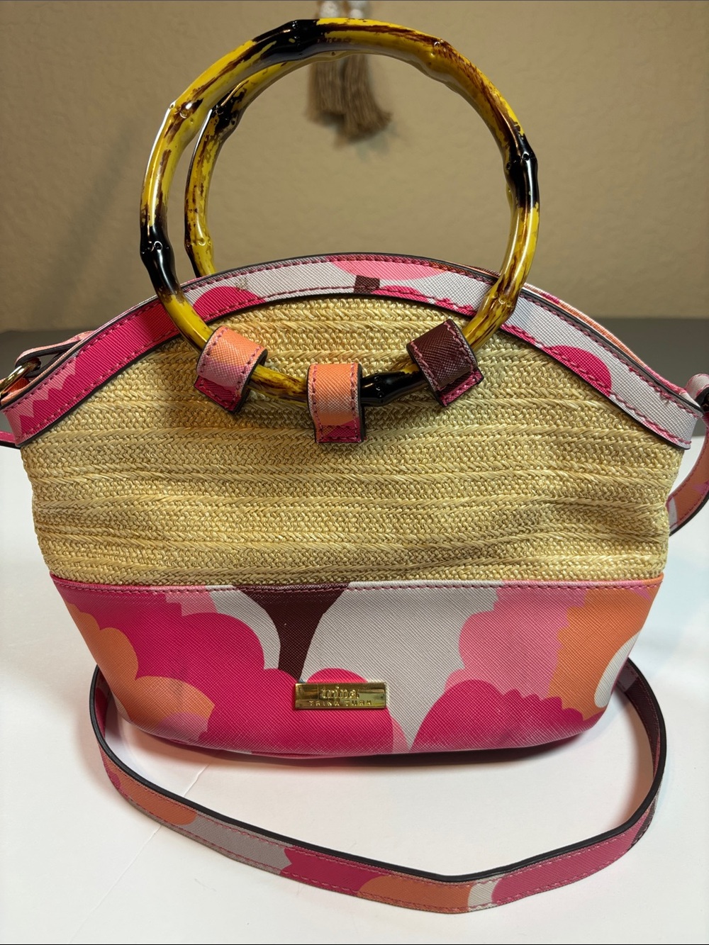 Trina Turk Straw & Pink Patterned Top-Handle Tote